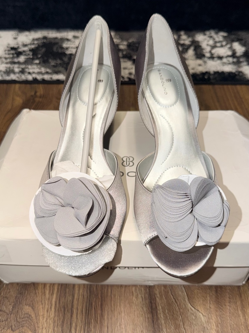 Bandolino Silver-Light Gray Floral Peep-Toe Heels